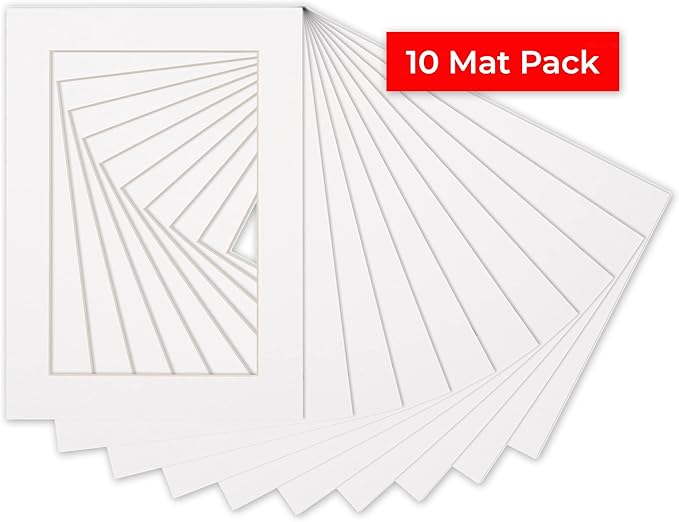 Pack of Ten 8.5x11 Mats Bevel Cut for 7x9 Photos - Acid Free White Precut Matboards for Pictures, Photos, Framing - 4-ply Thickness