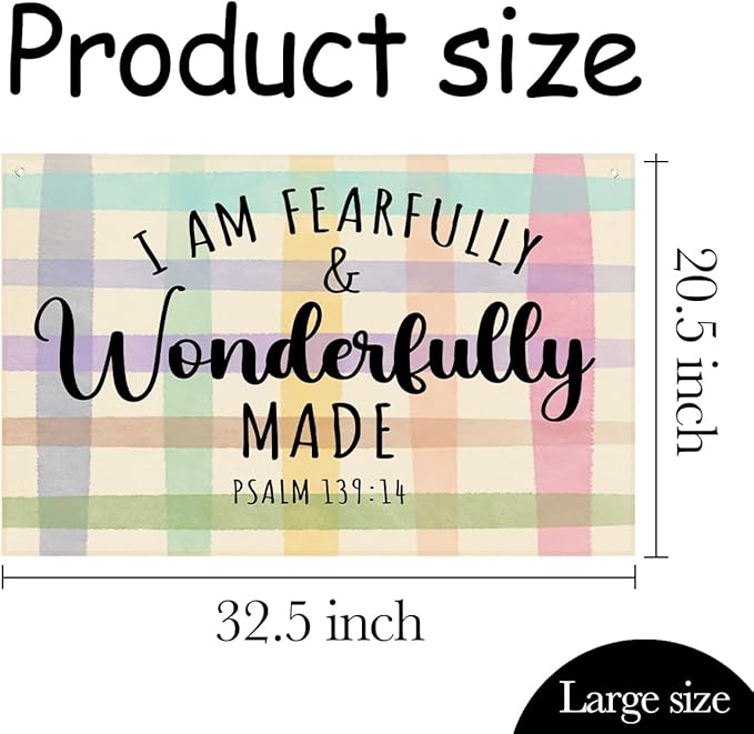Fearfully and Wonderfully Made Bible Verses Wall Decor Kids Room Decor Canvas Banner, Canvas Decoration for Classroom, Nursery, Kids Room for Boys and Girls