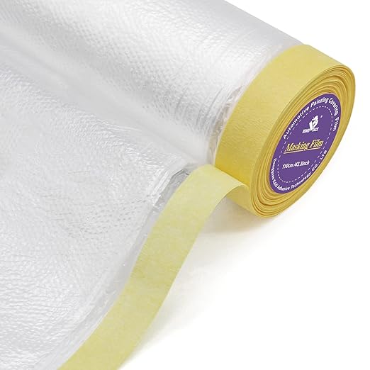BOMEI PACK 6Rolls Pre-Taped Masking Film, Tape and Drape for Automotive Painting Covering, 3 Multi Size x 66Feet/ Roll