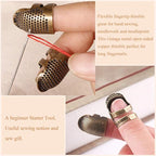 8 Pcs Thimble + 30 Pcs Sewing Needles, Finger Protector Fingertip Adjustable Metal Bronze Rings and Leather Coin Thimble for Needlework, Hand Embroidery Craft