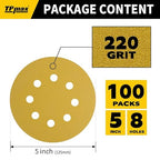 100PCS 5 Inch 220 Grit 125mm 8 Hole Sanding Discs Sandpaper - Premium Gold Round Hook and Loop for Random Orbital Sander - Ideal for Wood, Metal, Automotive