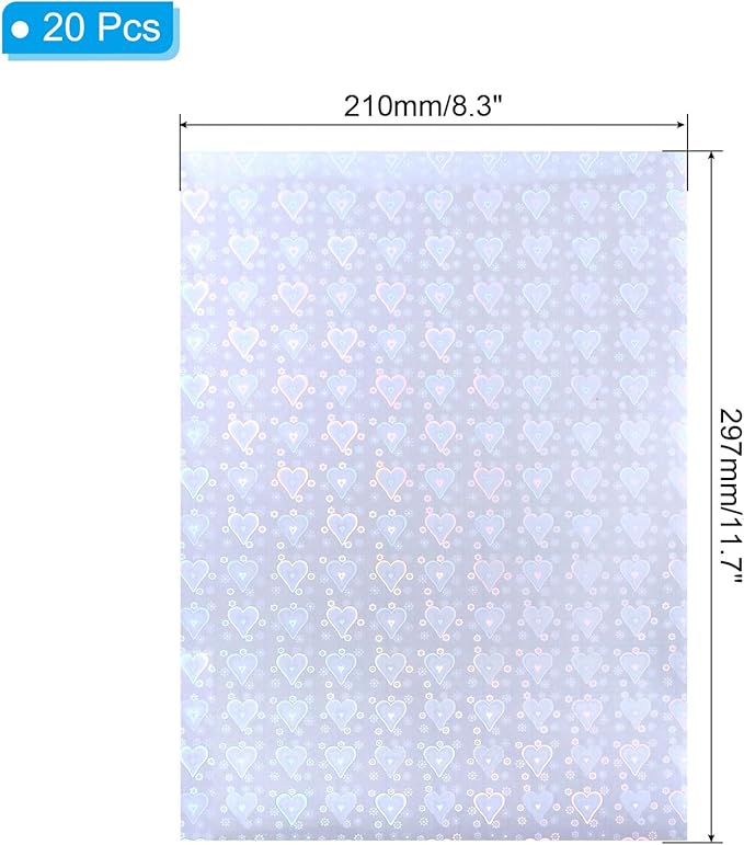 PATIKIL 11.7x8.3" Holographic Sticker Paper, 20Sheets A4 Polypropylene Self-Adhesive Transparent Waterproof Laminate Overlay Film for Photo Cards Scrapbook Decorations, Heart