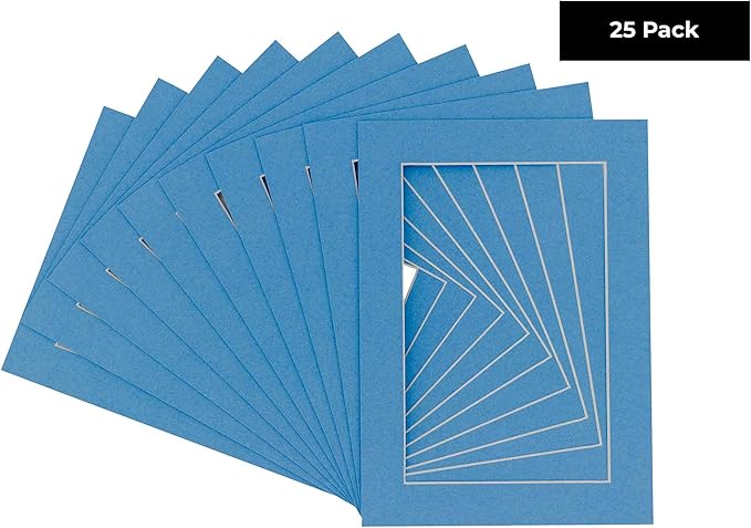 Pack of 25 Acid Free 8.5x11 Mats Bevel Cut for 7x9 Photos - Bay Blue Precut Matboards With Backing Boards and Clear Photo Mat Bags For Pictures, Photos, Framing - 4-ply Thickness