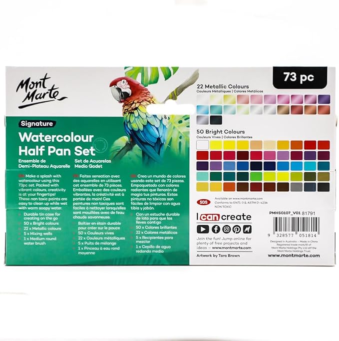 Mont Marte Watercolor Set Full Pan Signature 73pcs, Including 50 Bright and 22 Metallic Colors with Translucent Finish, Ideal for Artists, Hobbyists and Adults