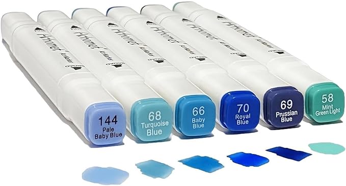 6Pcs Blue Colors Sea Ocean Sky Alcohol Markers Set, Dual Tips Art Markers Clear Blending Pen Drawing Sketched Double Tipped for Adults Kids Artists (Blue)