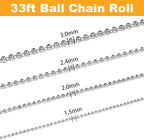 Jishi 33ft Ball Chain 2.4mm Silver Stainless Steel Bead Link Chain Roll for Beaded Dog Tag Necklace, Mens Military Jewelry Making Supplies, Pull Chain DIY Bracelets Keychain Craft - w/20#3 Connectors