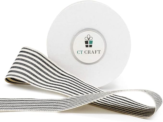 CT CRAFT LLC Ivory Cotton Black Stripes Ribbon 1.5" x 10 Yards for Home Décor Gift Present Wrapping DIY Crafts Birthday Wedding Bouquet Christmas