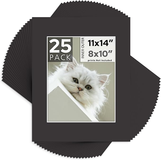 Mat Board Center, Pack of 25, 11x14 for 8x10 Black Mats - Acid Free, 4-ply Thickness, White Core - for Pictures, Photos, Framing