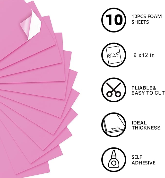 MEARCOOH Self Adhesive Foam Sheets, Pink 9x12 Inch 2mm Sticky Eva Foam Paper for Crafts Cardmaking Photo Frames Classroom Scrapbooking Christmas Crafts (Pink 10 Sheets)