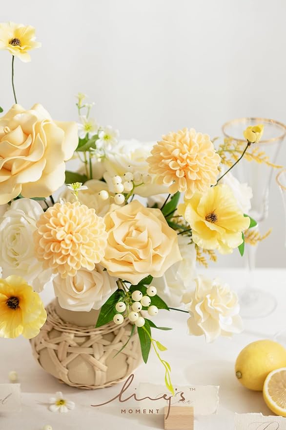 Ling's moment Creamy Yellow Dahlia Foam Artificial Flowers Real Touch Faux Fake Flower for Home Decor Graduation Baby Shower Decorations Outdoors Party Favors Wedding Centerpieces Arrangements 25pcs