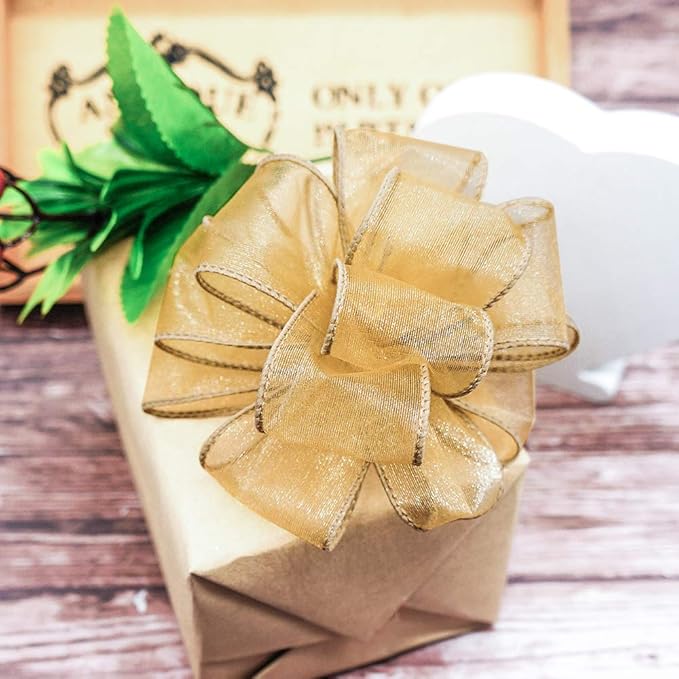 CT CRAFT LLC Sheer Organza Wired Ribbon 2.5" x 50Yards Tan (Gold) for Wedding Chair Bow Flora Bouquet Gift Wrapping Christmas Tree Home Decor Wreath
