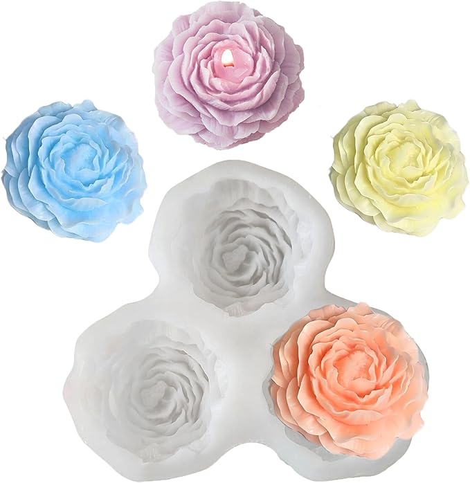 Peony Flower Silicone Candle Molds, 3 Cavity Flower Mold for Soap Candle Making Epoxy Resin Clay Plaster Crafts Casting Home Decor Handmade Gifts
