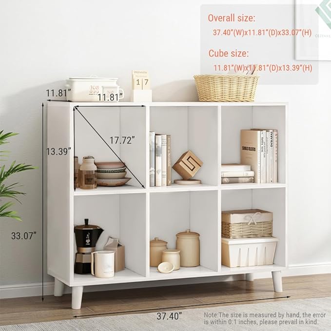 IOTXY Open Cube Low Bookcase - 2-Tier Freestanding Storage Display Cabinet Organizer with Legs for Home Office, 6-Cubes Open Shelf Short Bookshelf, White