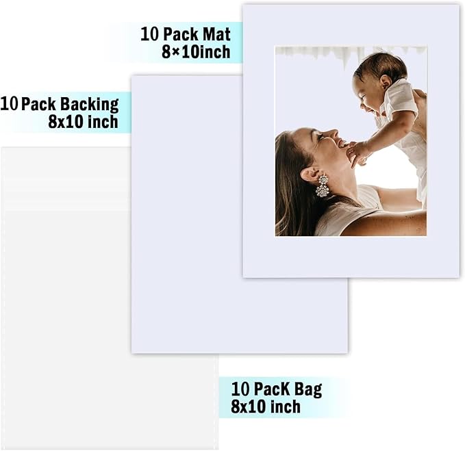 Egofine Pack of 10 White Mat Board Pre-Cut 8x10 Picture Mat for 5x7 Photo with White Core Bevel Cut Mattes Sets. Includes 10 High Premier Acid Free Mats & 10 Backing Board & 10 Clear Bags