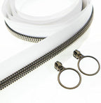 Leekayer #5 Antique Brass Metallic Nylon Coil Zippers by The Yard Bulk 10 Yards White Zipper Tape with 25pcs Antique Brass Ring Pull Sliders for DIY Sewing Tailor Craft Bag(White)