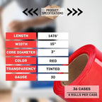 PSBM Red Stretch Wrap, 15 Inch x 1476 Feet, 144 Pack, Tinted Pre-Stretched Shrink Wrap Film for Moving, Packaging, Pallet Wrapping