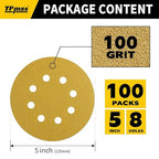 100PCS 5 Inch 100 Grit 125mm 8 Hole Sanding Discs Sandpaper - Premium Gold Round Hook and Loop for Random Orbital Sander - Ideal for Wood, Metal, Automotive