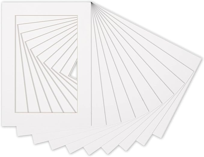 Pack of Ten 8x10 Mats Bevel Cut for 5x8 Photos - Acid Free White Precut Matboards for Pictures, Photos, Framing - 4-ply Thickness