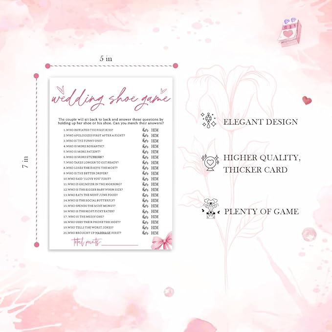 Wedding Shower Games Cards, Wedding Shoe Game, Bridal Shower Games 25 Guests, Engagement Party Wedding Games for Guests, Pink Ribbon Bow Wedding Party Supplies - E04