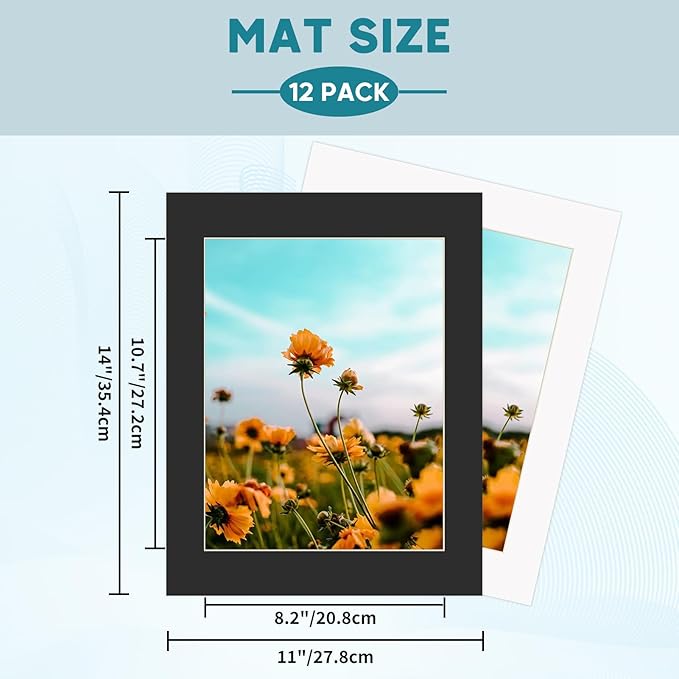 ZBEIVAN 12 Packs White and Black Colors 11x14 Picture Frame Mats for 8.5x11 Photos, Artworks and Prints, White Core Bevel Cut Frame Mattes