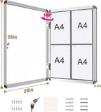 26"x20" Enclosed Bulletin Board, Lockable Weather-Resistant Aluminum Cork Noticeboard for School & Office, Silver Frame w/Grey Flet