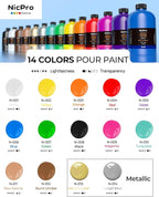 Nicpro 14 Colors Large Bulk Acrylic Pour Paint Set (33.8 oz,1000 ml) Premixed High Flow Art Pouring Paint Supplies Kit with Silicone Pour Oil, Gloves for Beginner Cell Creation Flow DIY, Ready to Pour