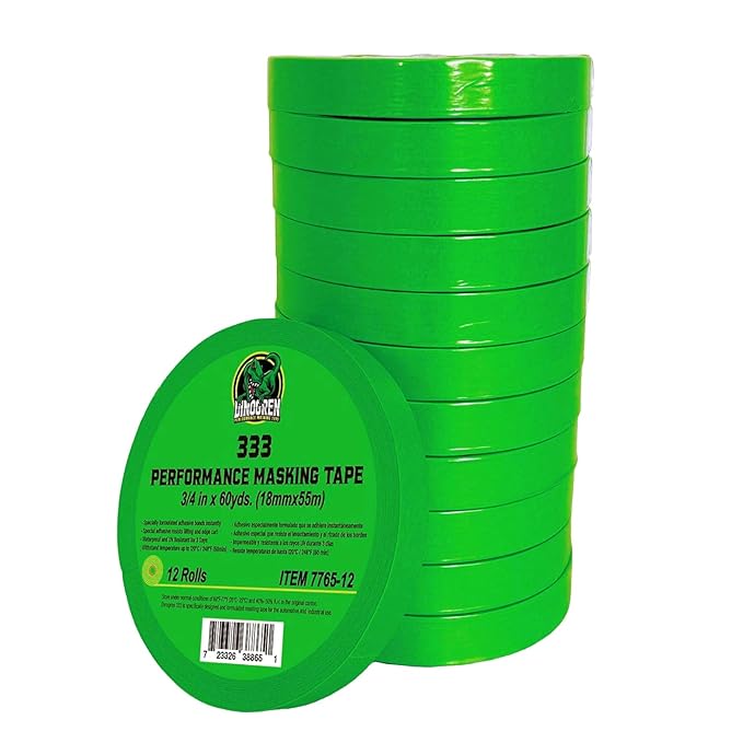 LAUCO DINOGREN High Performance Automotive Masking Tape (0.75 in x 60 yd, 12 Rolls) – Green Crepe Tape for Car Paint, Heat & Water Resistant, Body Shop Use, Clean Removal, Multi-Surface Application