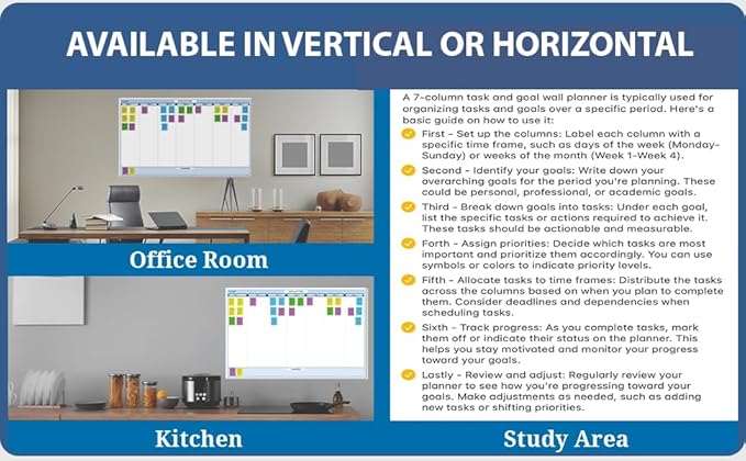 Sky Blue 7-Column Task, Goals & Objective Wall Horizontal Organizer 36" x 56". Complete with Marker