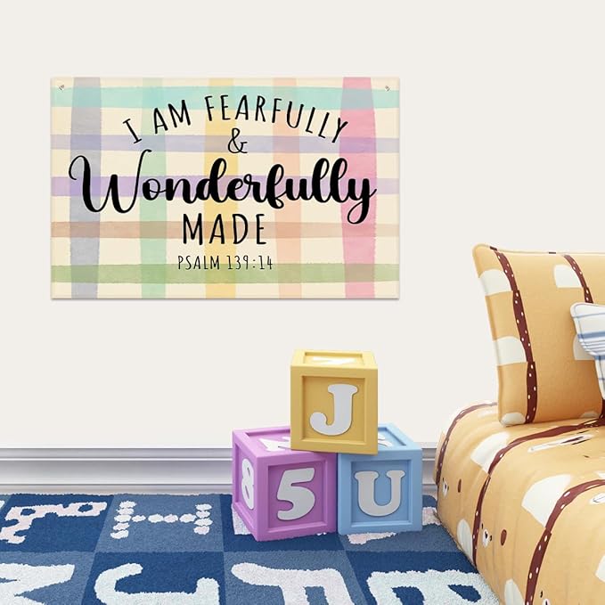 Fearfully and Wonderfully Made Bible Verses Wall Decor Kids Room Decor Canvas Banner, Canvas Decoration for Classroom, Nursery, Kids Room for Boys and Girls