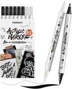 TRANSON 6 Black and 2 White Paint Markers Brush and Fine Dual-tip Acrylic Paint Marker for Rock Glass Canvas Wood Leather Ceramic DIY Painting