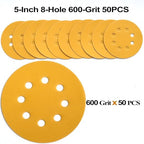 5-Inch 8-Hole Hook and Loop Sanding Discs 600-Grit Random Orbit Sandpaper, 50-Pack