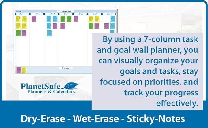 Sky Blue 7-Column Task, Goals & Objective Wall Horizontal Organizer 24" x 36". Complete with Marker