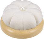 HARFINGTON Wooden Base Pin Cushion Japanese Style Cute Needle Holder Pincushions Round for Sewing Quilting Needlework DIY Crafts, Cream