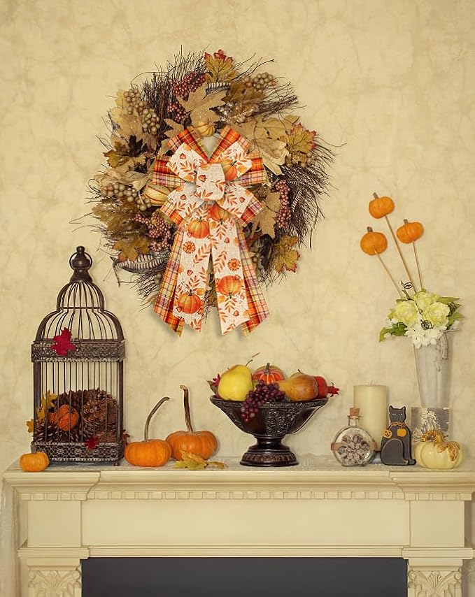 Threetols 2 Rolls 10 Yards Fall Wired Edge Ribbons, 2.5inch Orange Plaid Burlap Ribbons, Autumn Leaves Pumpkin Ribbon for Thanksgiving Party DIY Craft Fall Wreath Bow Decor