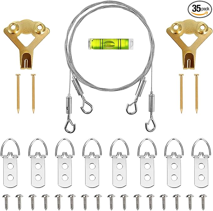SDTC Tech Adjustable Picture Hanging Wire Kit 2m x 1.5mm Stainless Steel Wire Rope, D-Rings, Wall Mounting Hooks, Adjustable Hangers, Level & Screws for Paintings Photos Mirror Frames Hold Up to 80lbs