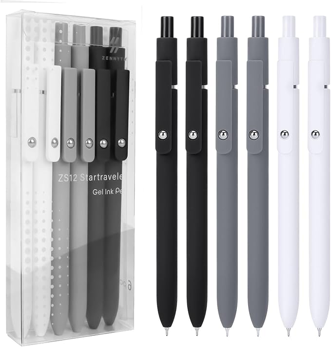 FIOVER Gel Pens, 6pcs 0.5mm Fine Point Black Ink, Smooth Writing Pens for Journaling, Nurse Aesthetic Cute Office School Supplies, Gifts for Women and Men(6Pcs Black White Grey-Black Ink)