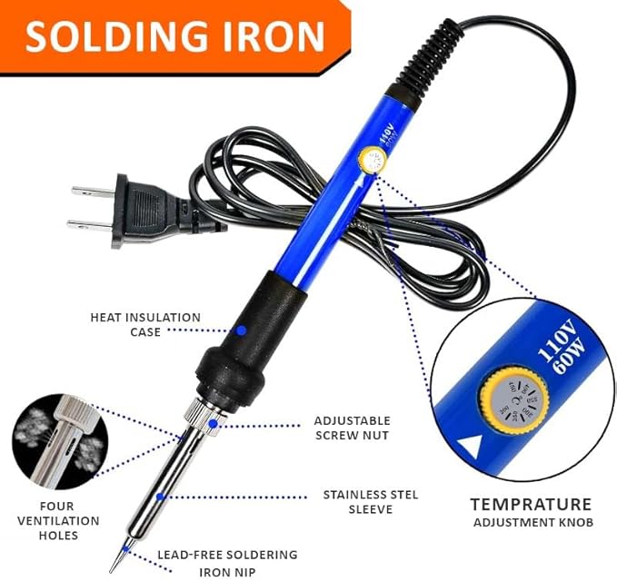 Electric Sodering Iron Kit set 110V 60W Adjustable Temperature Soldering Iron Digital Multimeter 5pcs Soldering Tips Solder Wire Stand, Desoldering Pump Tweezers Welding Tool Screwdriver wire stripper