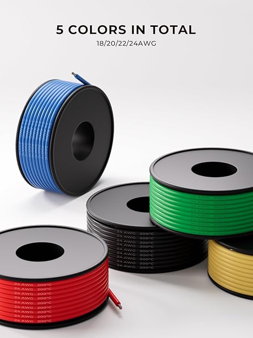 24 AWG Silicone Wire Kit 150FT, 24 Gauge Stranded Tinned Copper Wire Spool, 5 Colors 30FT Each,Flexible Electrical Wire for DIY, Automotive, LED, Arduino, Battery Projects