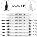 TRANSON 6 Black and 2 White Paint Markers Brush and Fine Dual-tip Acrylic Paint Marker for Rock Glass Canvas Wood Leather Ceramic DIY Painting