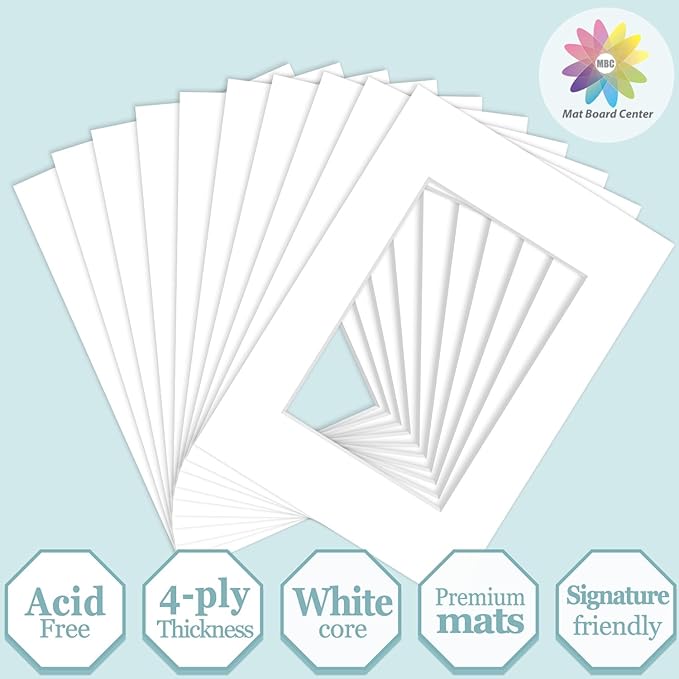 MBC Mat Board Center, 10 Pack 5x7 for 3.5x5 White Picture Mats Frame Mattes, Bevel Cut, Acid Free, 4-ply Thickness