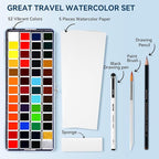 MeiLiang Watercolor Paint Set 52 Colors in Half Pans with Drawing Pencil, Paint Brushes, 5 Watercolor Paper, Sponge, Black Drawing Pens, Art Supplies for Adults Travel Watercolor & Blue Box