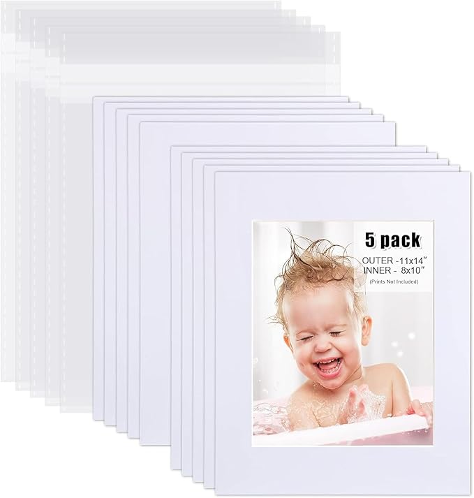 Egofine Pack of 5 White Pre-Cut Mat Board 11x14 Picture Mat for 8x10 Photo with White Core Bevel Cut Mattes Sets. Includes 5 High Premier Acid Free Mats & 5 Backing Board & 5 Clear Bags