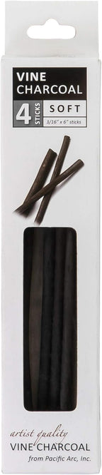 Pacific Arc Artist Vine Charcoal, Soft, Black 4 Charcoal Sticks for Drawing, Sketching, and Fine Art