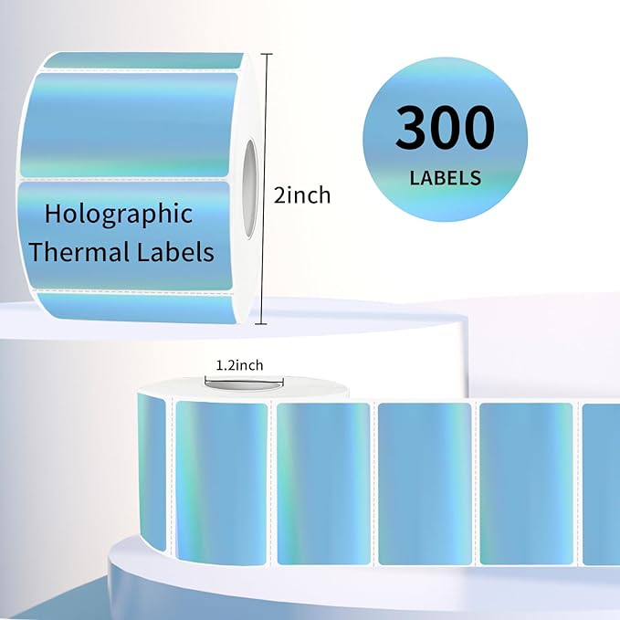 Direct Thermal Label 2x1 Inch- Barcode Labels- Holographic Thermal Sticker Labels for Address, Shipping, Compatible with Rollo Label Printer & MUNBYN& Zebra (300 Labels/Blue)