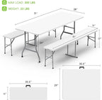 HLPB Folding Table Picnic Table Set, 6 ft Camping Table with 2 Benches, Outdoor Indoor Portable Folding Furniture for Working Meeting Party, Camping, Picnic, Weddings w/Handle and Safety Locks, White