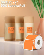 iEager Orange Square Thermal Label Stickers, 2"x2" Self-Adhesive Square Direct Thermal Labels with Perforation Line, 500 Sheets/Roll