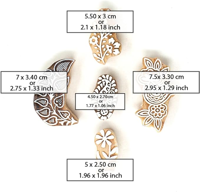 Wooden Printing Stamps - Wooden Block Stamps - Indian Textile Printing Blocks for Tattoo Clay Pottery Henna Card Making Pack of 5, Hashcart®