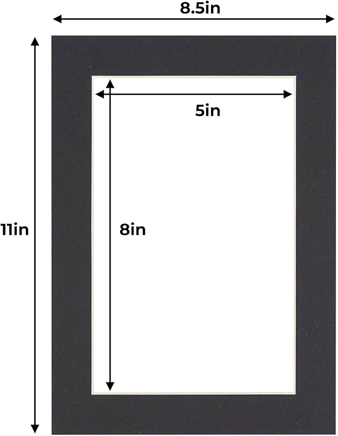 5.5x8.5 Mat for 8.5x11 Frame - Precut Mat Board Acid-Free Black 5.5x8.5 Photo Matte For a 8.5x11 Picture Frame, Premium Matboard for Family Photos, Show Kits, Art, Picture Framing, Pack of 25 Mats