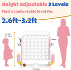 Giant 4 in-A-Row Connect Game Set, Adjustable Height Jumbo Yard Game with Basketball Hoop, Golf, Mesh Pocket & Ring Toss, Indoor Outdoor Family Backyard Party Game for Kids and Adults, Pink-White