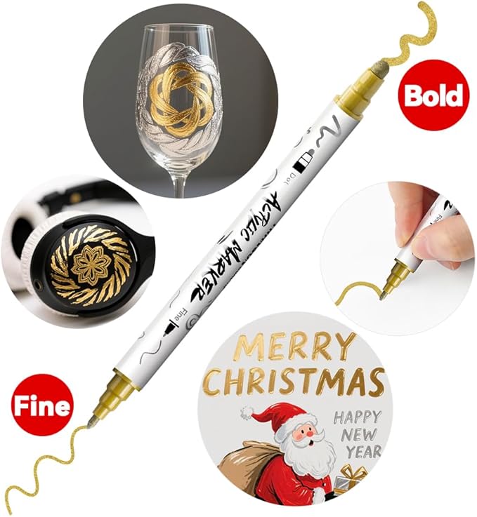 TRANSON 2 Gold, 2 Silver, 2 Black and 2 White Paint Markers Bold and Fine Dual-tip Acrylic Paint Marker Set for Rock Painting Glass Canvas Wood Leather Ceramic Painting